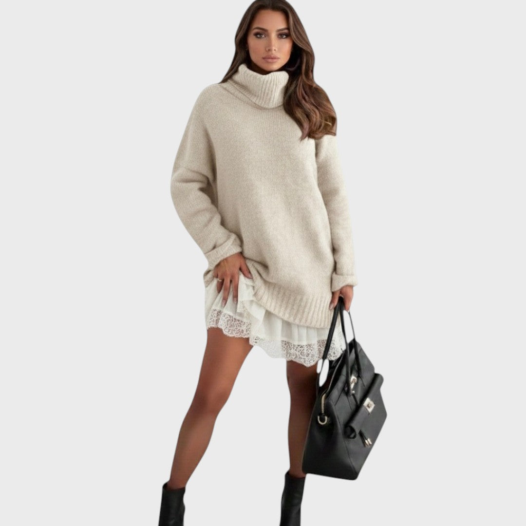 Sára | Luxusní pletené šaty s rolákem a krajkovým detailem