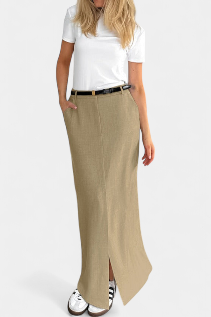 Amani | Dlouhá sukně s vysokým pasem, předním rozparkem a rovným střihem